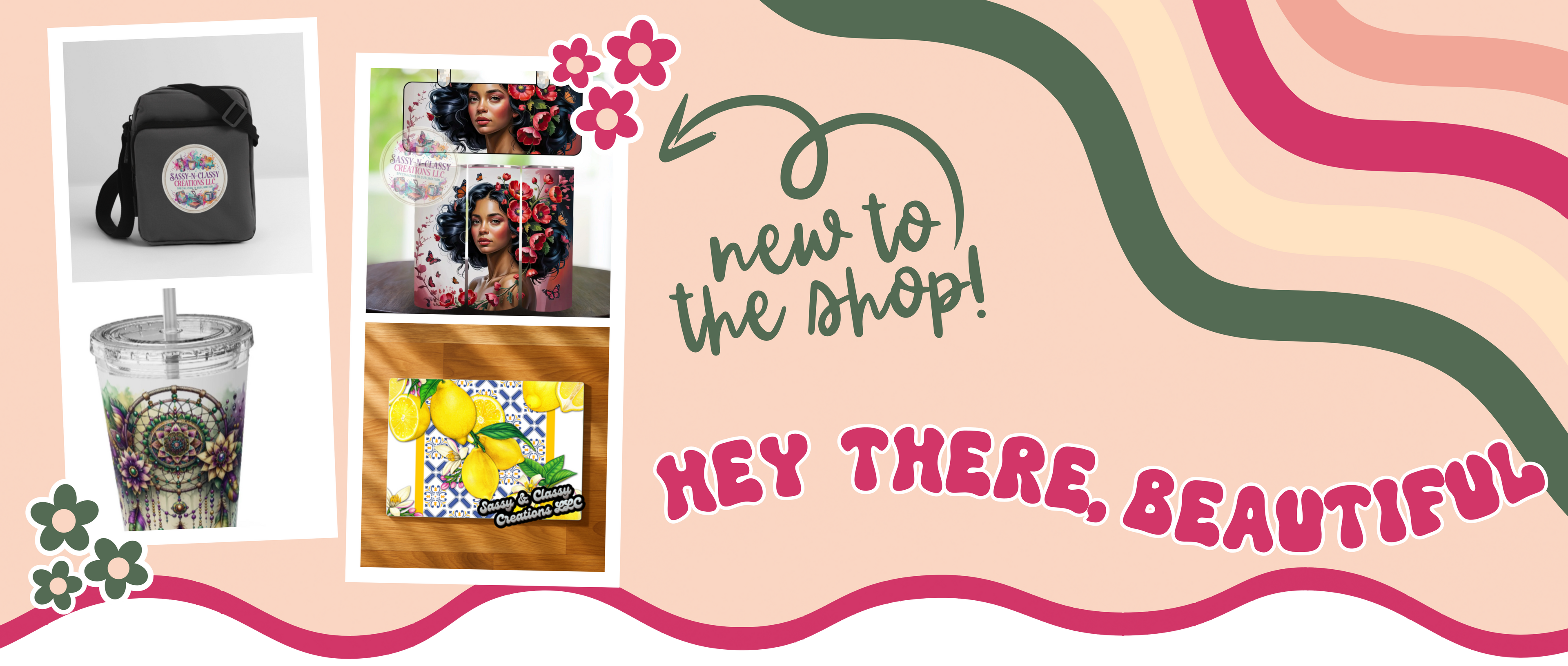 Promotional banner with 'new to the shop! Hey there, beautiful' text and product images on a colorful background.