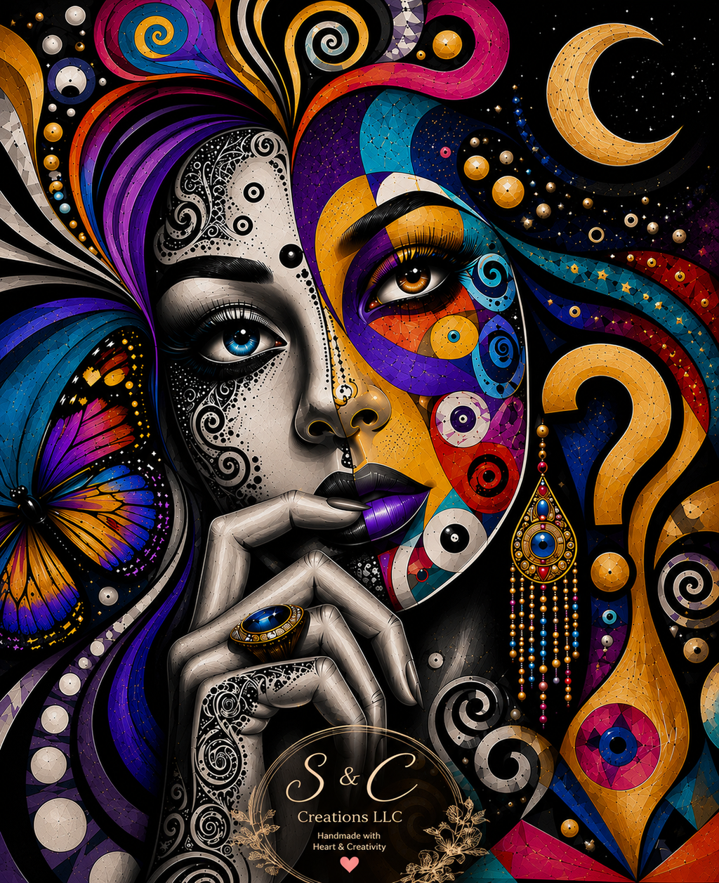 Mystic Duality – Vibrant Abstract Woman Digital Art PNG