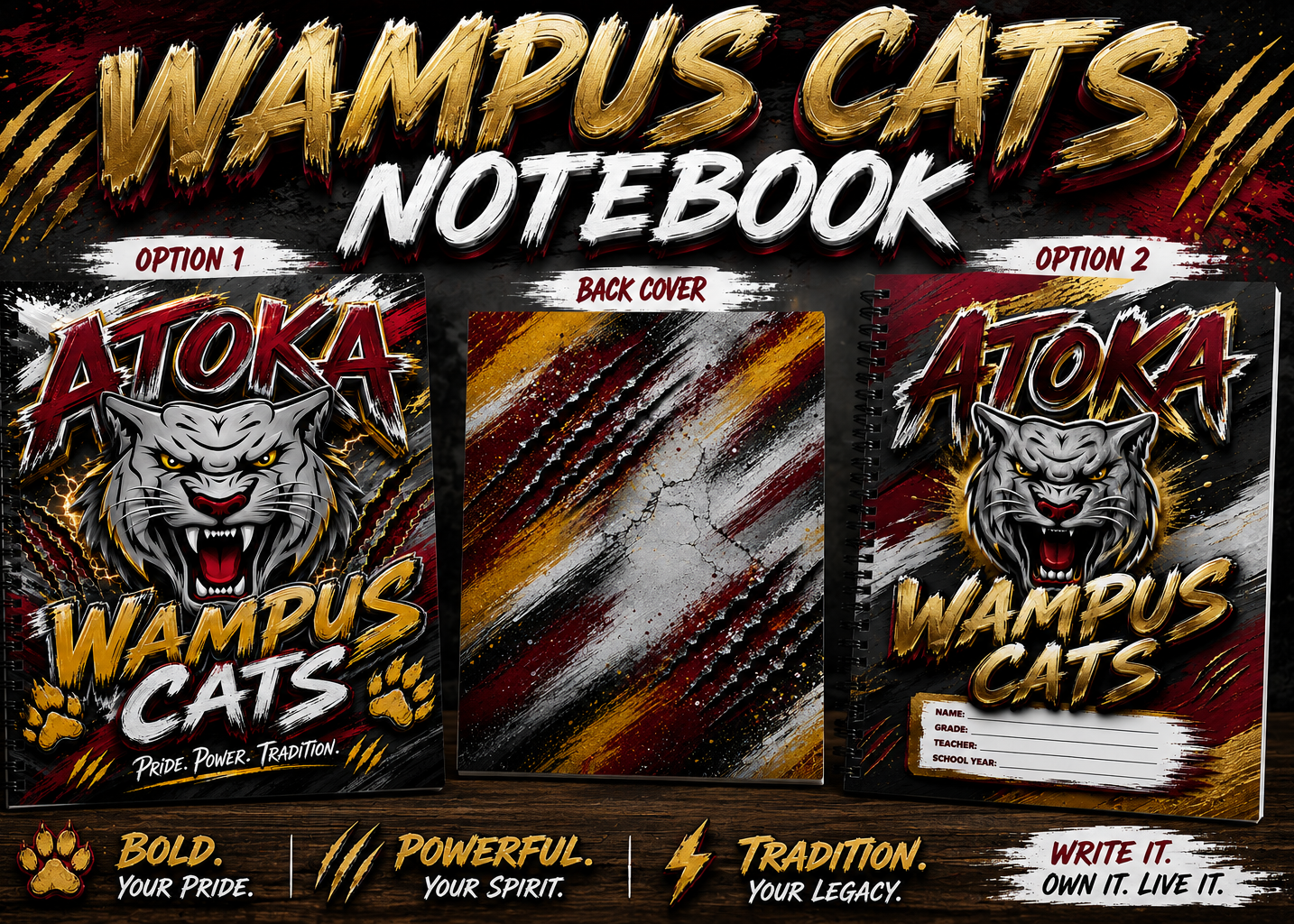 Promotional graphic for a Wampus Cats notebook showing two cover options labeled Option 1 and Option 2, plus a back cover design. The covers feature a fierce cat illustration, the words 'Atoka Wampus Cats,' and bold red, gold, black, and white graphics.