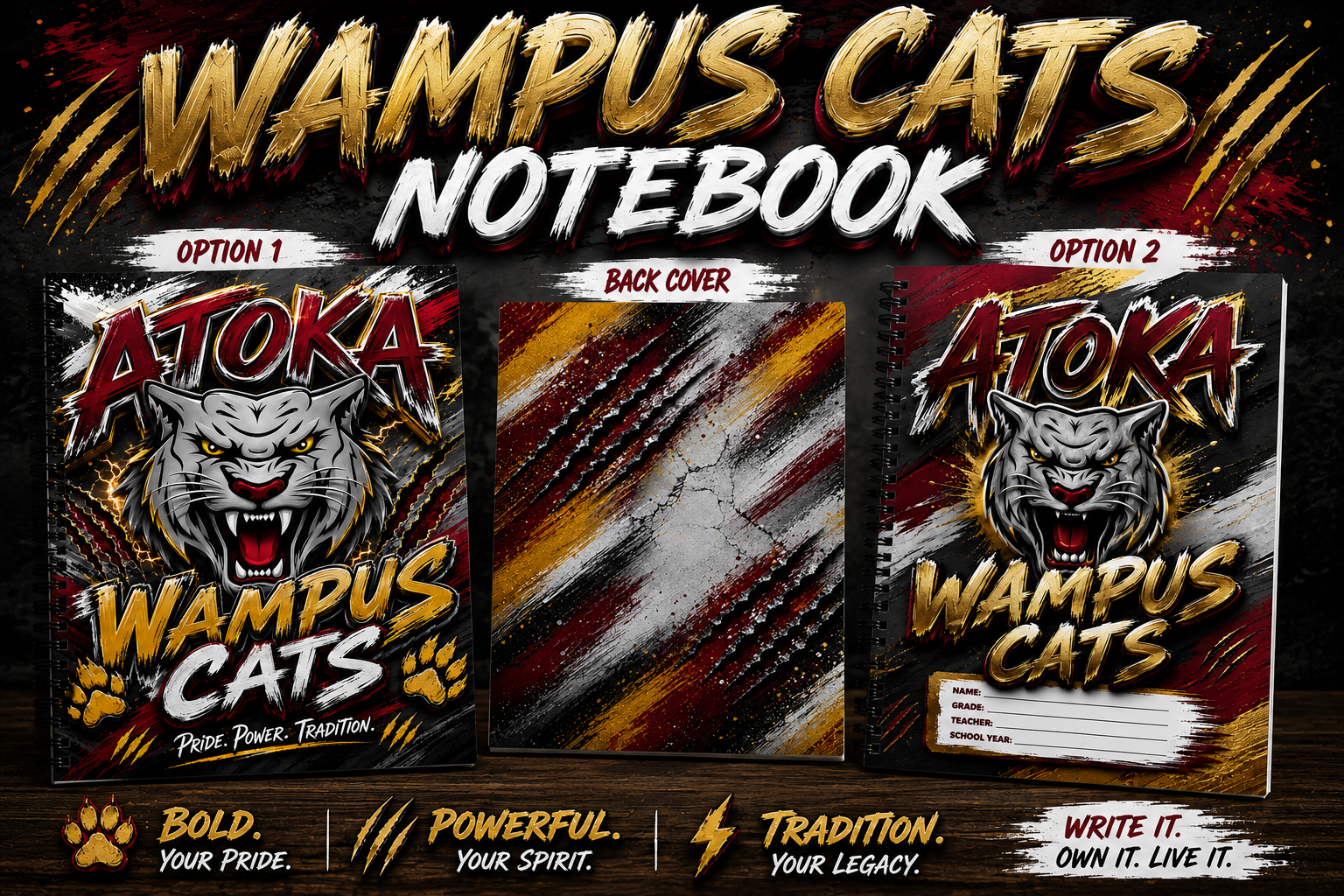 Promotional graphic for a Wampus Cats notebook showing two cover options labeled Option 1 and Option 2, plus a back cover design. The covers feature a fierce cat illustration, the words 'Atoka Wampus Cats,' and bold red, gold, black, and white graphics.