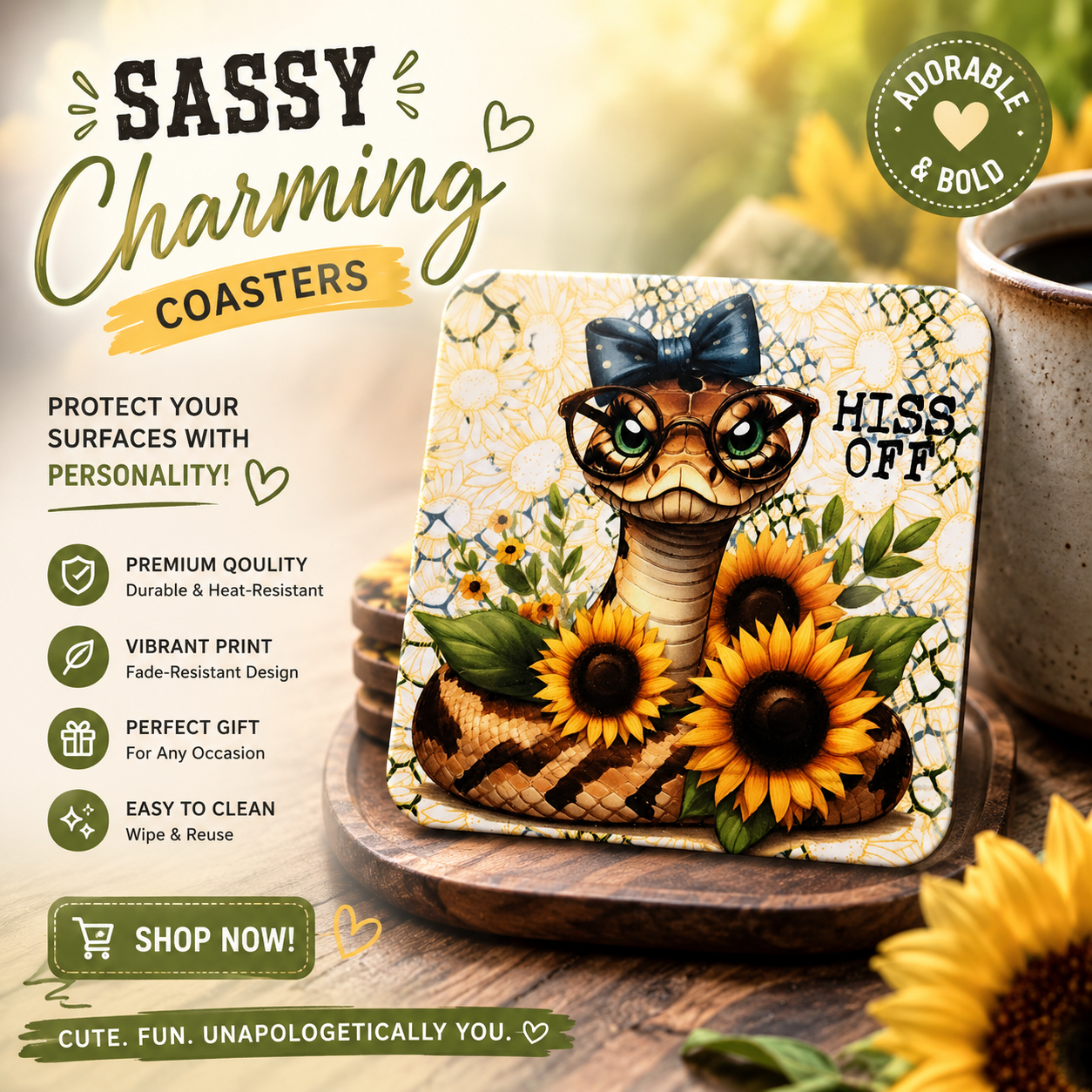 Hiss Off Sunflower Snake Coaster – Ready to Ship