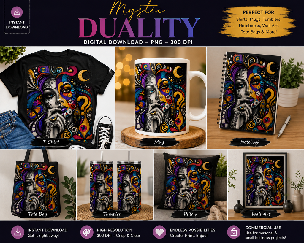 Mystic Duality – Vibrant Abstract Woman Digital Art PNG