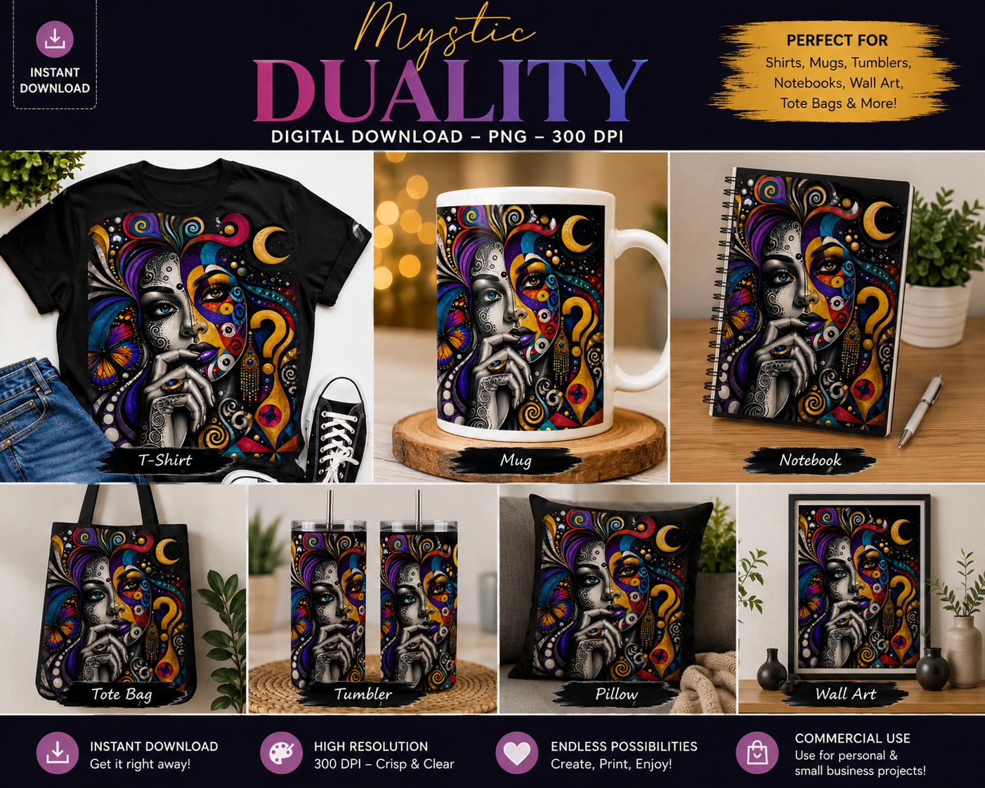 Mystic Duality – Vibrant Abstract Woman Digital Art PNG