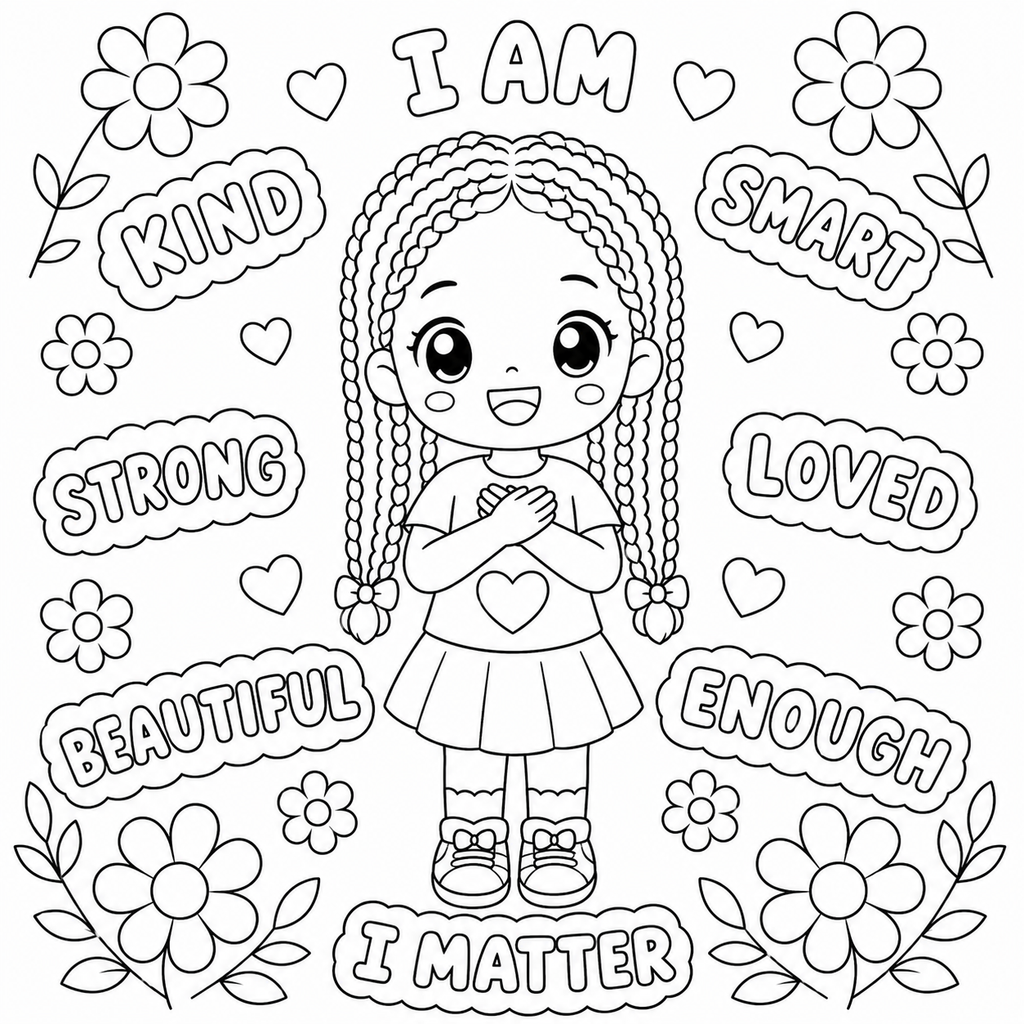 I Am Positive Affirmations Coloring Pages Bundle (African American)