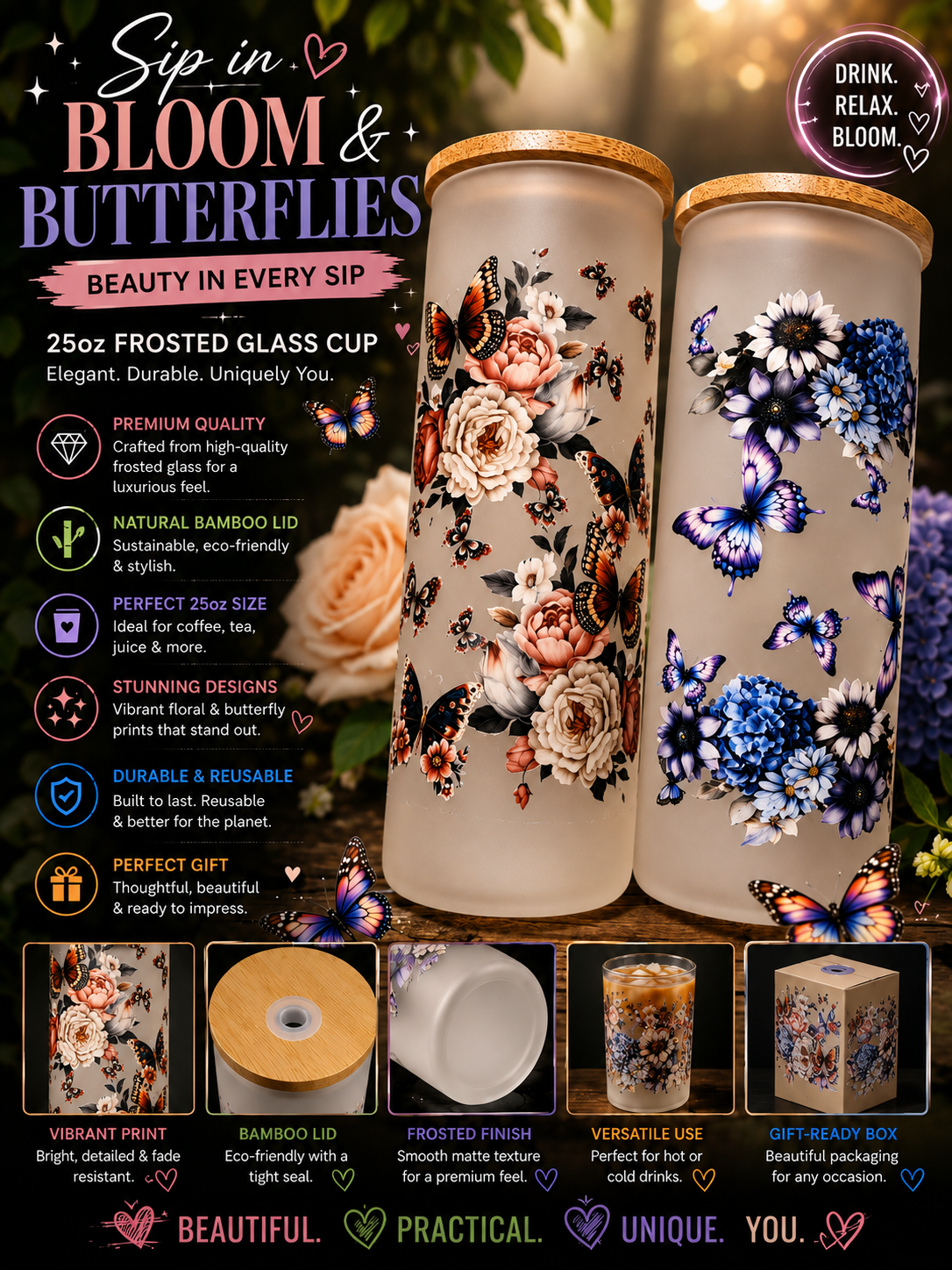 Bloom and Butterflies Frosted Glass Tumbler Set (RTS)
