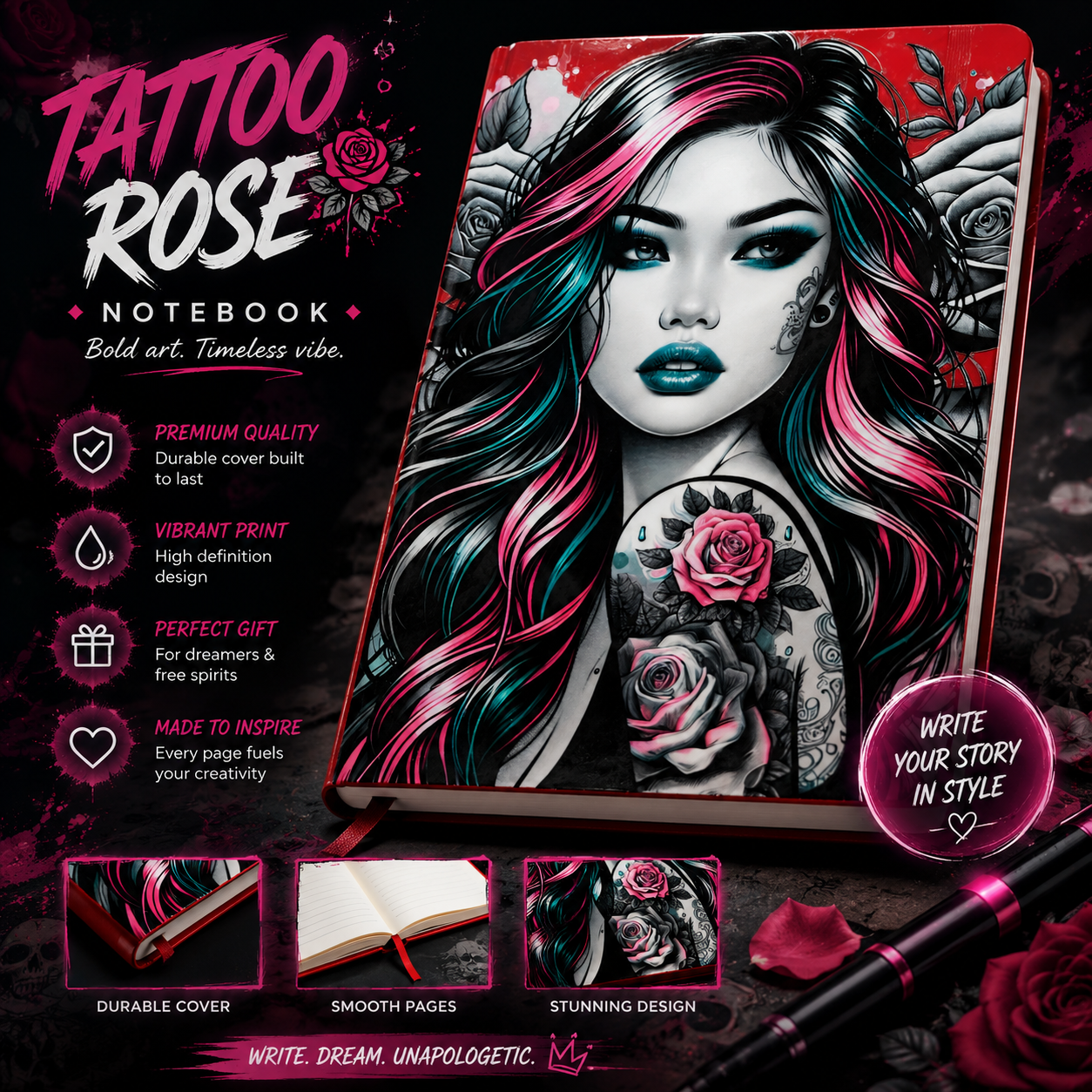 Tattoo Rose Notebook – Write Boldly (RTS)