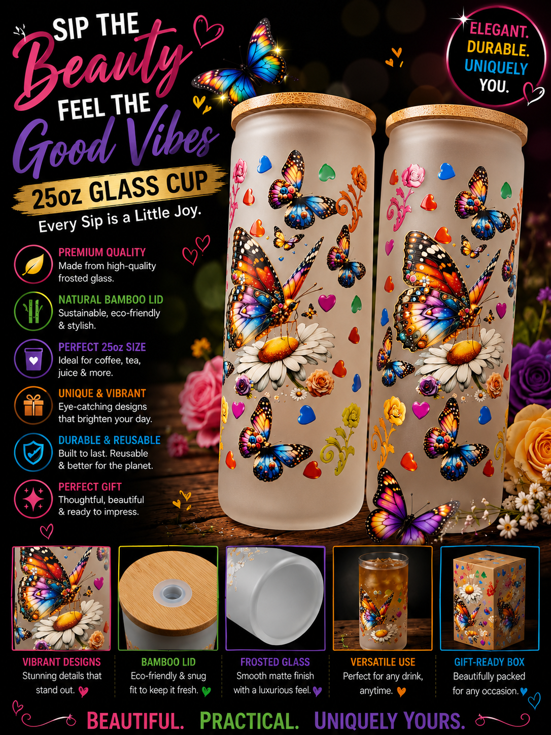 Butterfly Bliss Frosted Glass Cup Set (RTS)